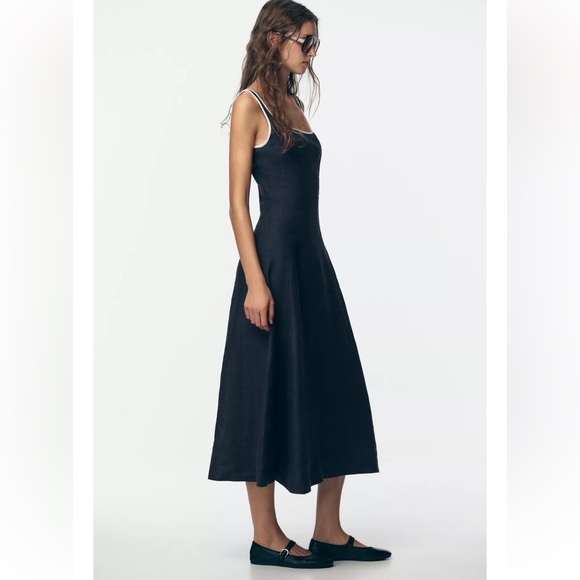 ZARA CONTRAST PIPING LINEN MIDI DRESS - Picture 4 of 8